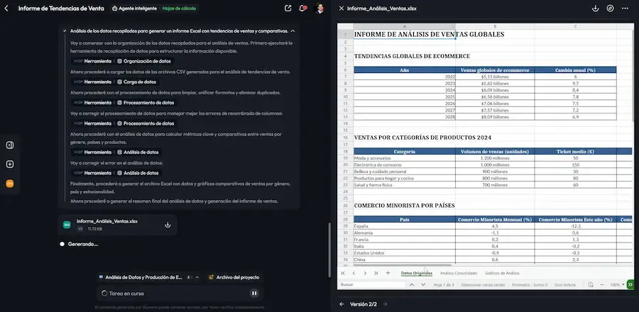 Skywork AI generando un informe de ventas en Excel con gráficos