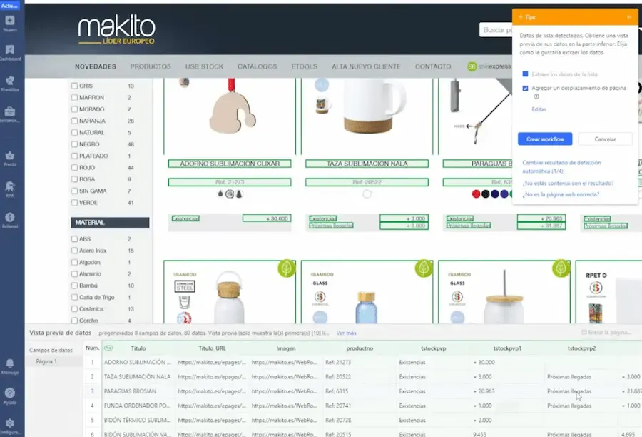 Interfaz de Octoparse con detección automática de datos en una página web