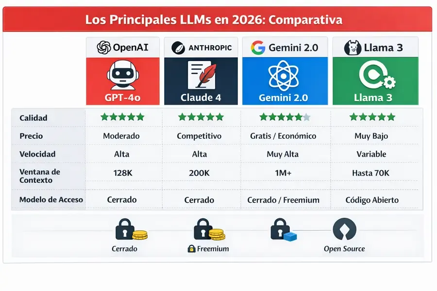 Comparativa de los principales LLMs en 2026: GPT-4o, Claude 4, Gemini 2.0 y Llama 3