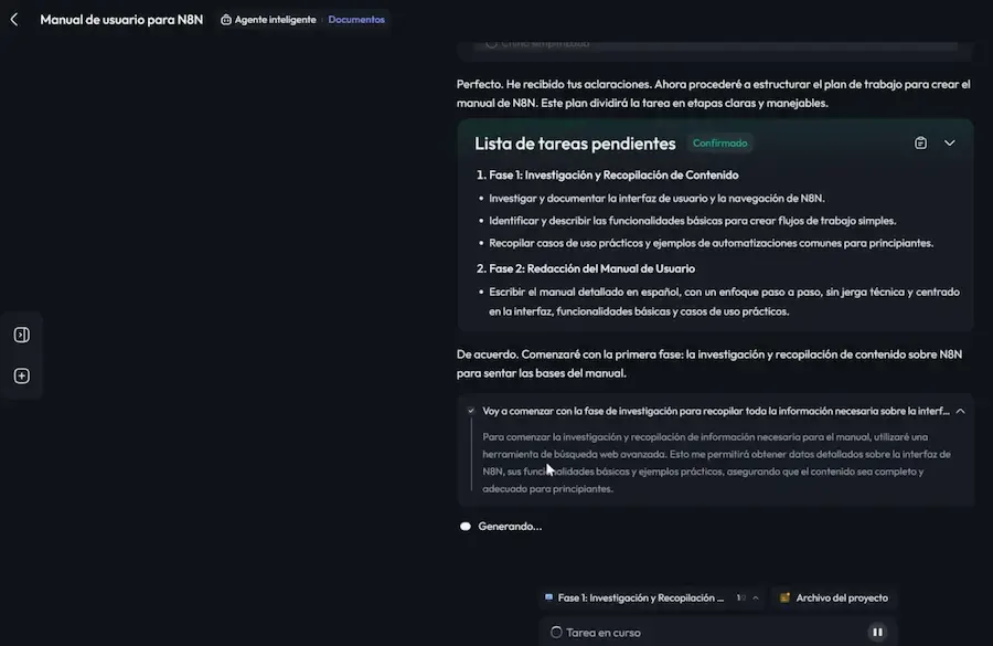 Interfaz de Skywork AI mostrando la lista de tareas en ejecución