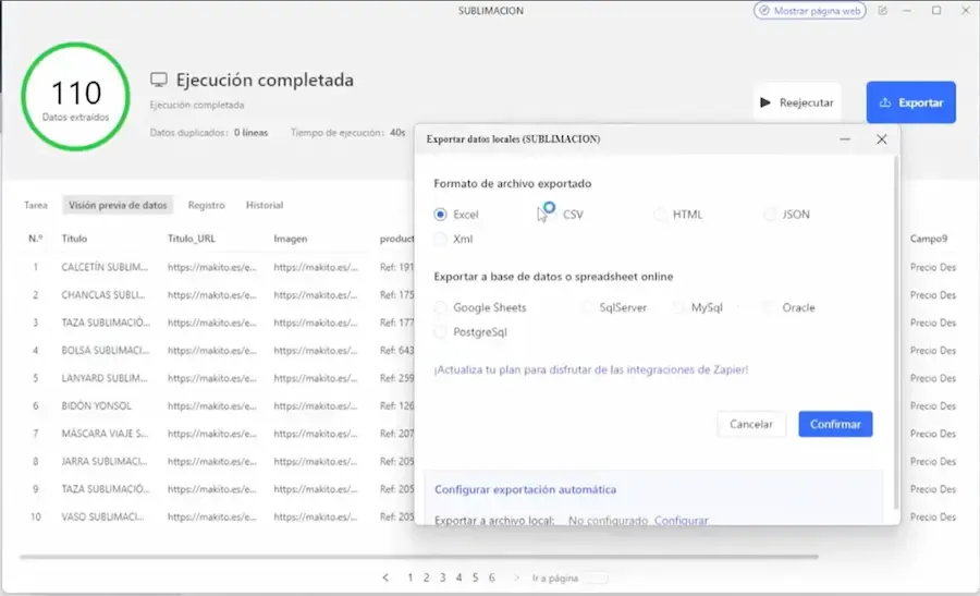 Configuración de exportación de datos en Octoparse con múltiples formatos