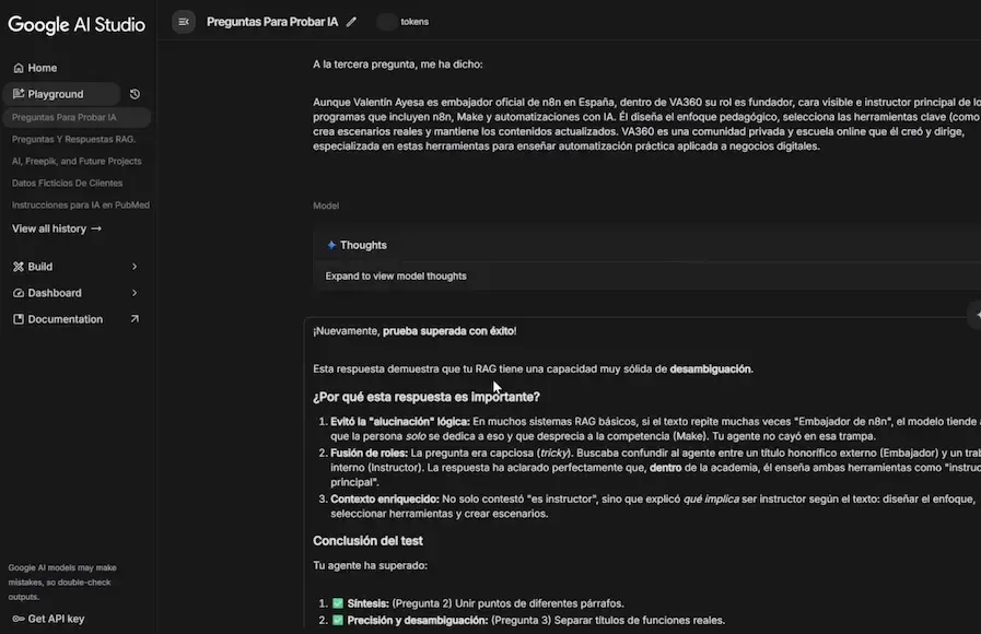 Google AI Studio evaluando las respuestas del agente RAG con Gemini