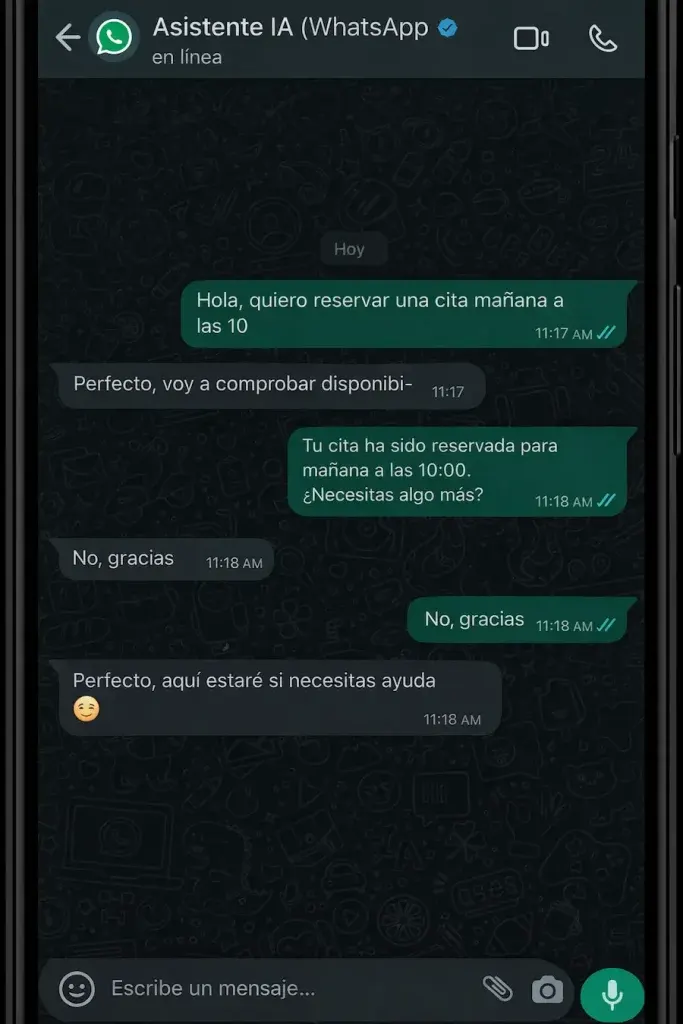 Prueba en directo del chatbot de WhatsApp mostrando una conversación donde se agenda una cita automáticamente
