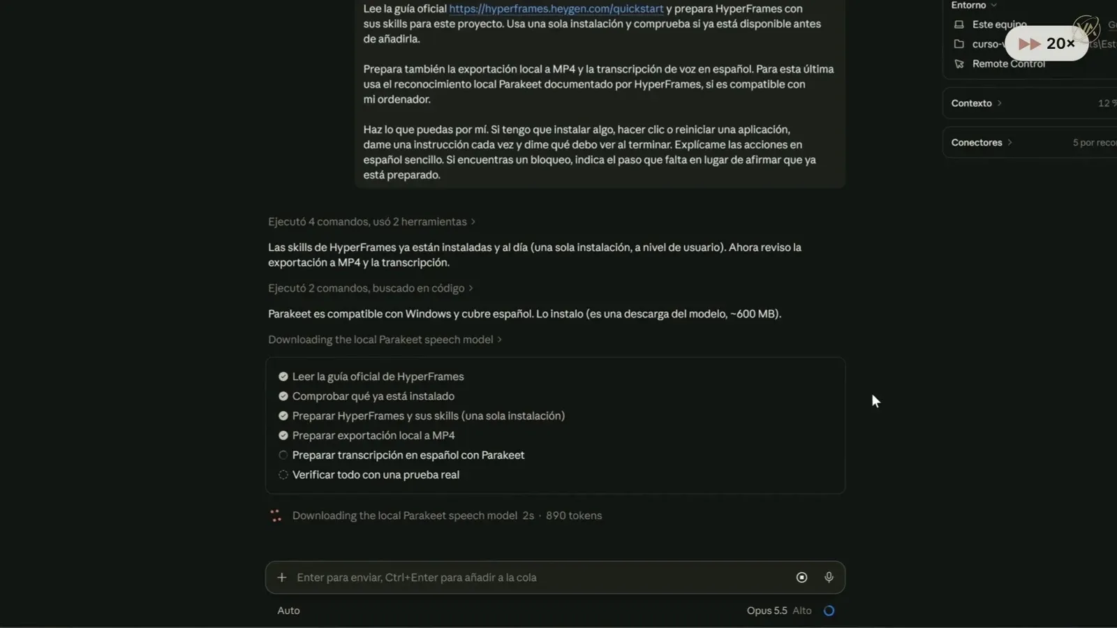 Una demo del curso: Claude de escritorio preparando las herramientas con su lista de tareas, con la grabación acelerada a 20× indicada en la esquina
