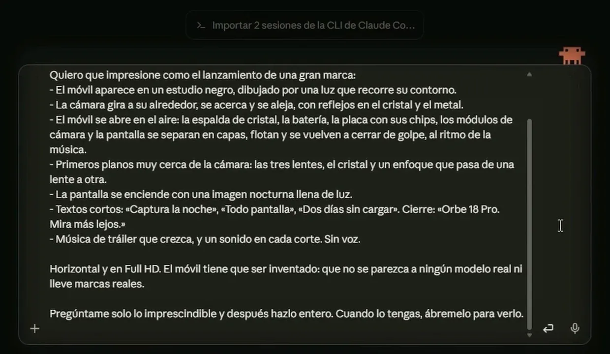 El encargo del anuncio escrito en Claude de escritorio: cómo aparece el móvil, cómo se mueve la cámara, los textos, la música y que el móvil sea inventado
