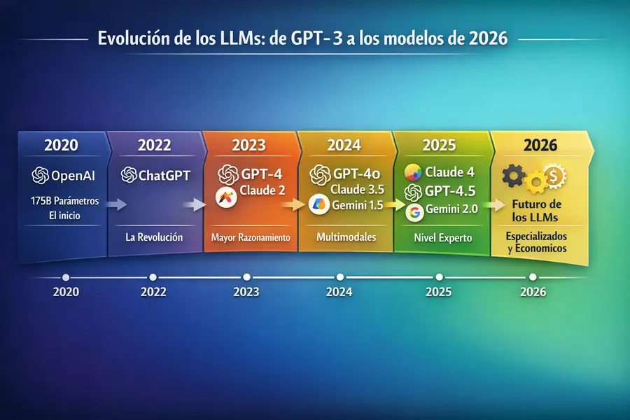 Línea temporal de la evolución de los LLMs desde GPT-3 hasta los modelos de 2026