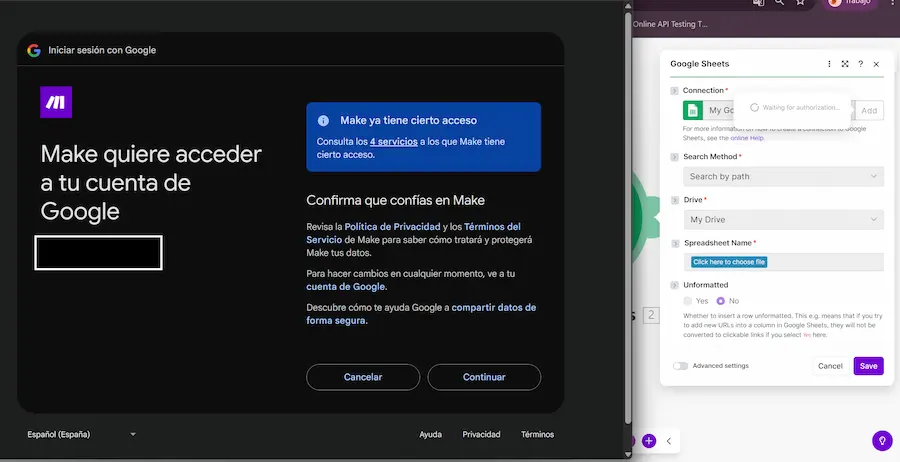 Proceso de conexión de aplicaciones en Make.com mostrando la autorización OAuth