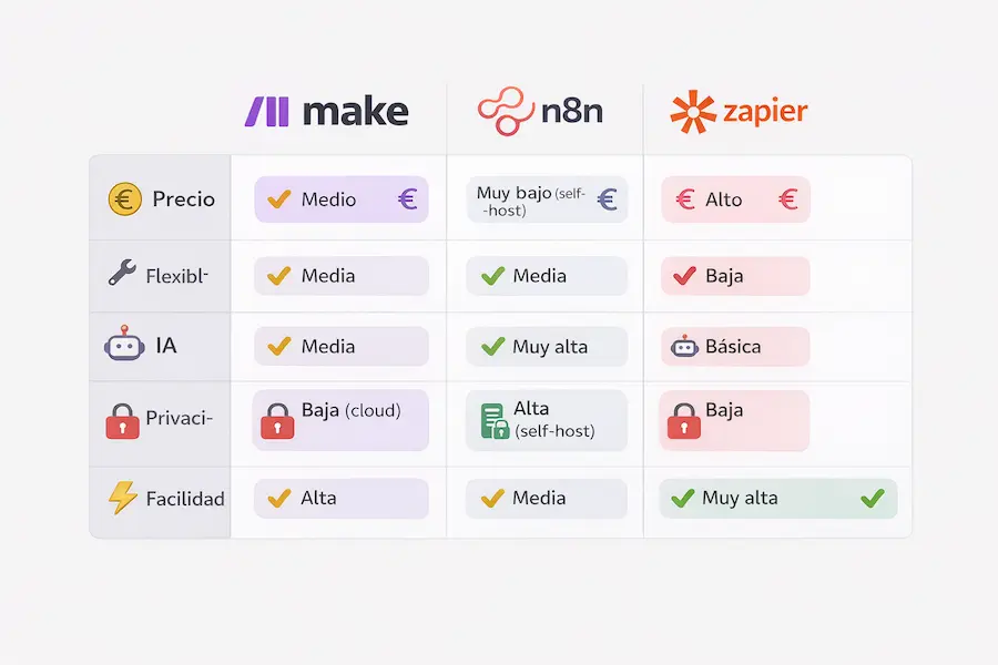 Tabla comparativa de limitaciones de Make.com frente a n8n y Zapier