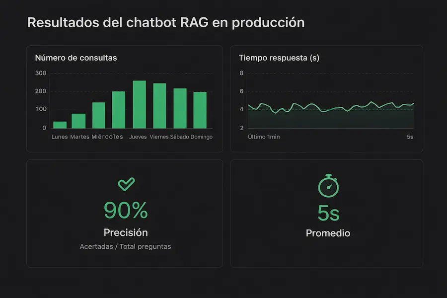 Resultados del chatbot RAG mostrando métricas de precisión y ahorro de tiempo