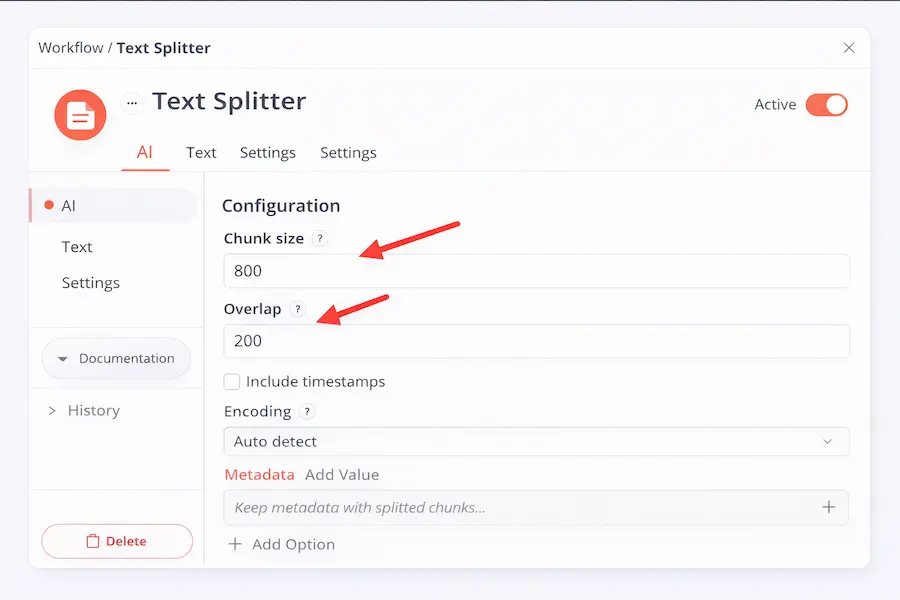 Configuración del nodo Text Splitter en n8n mostrando parámetros de chunk size y overlap