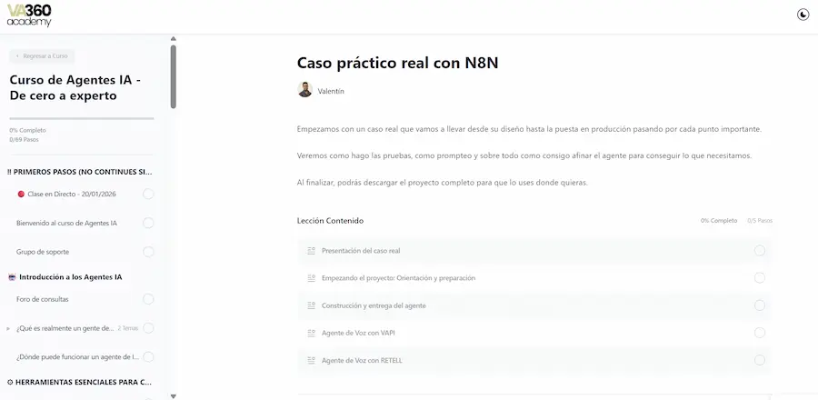 Curso de Agentes IA en VA360 Academy con módulos y proyectos prácticos