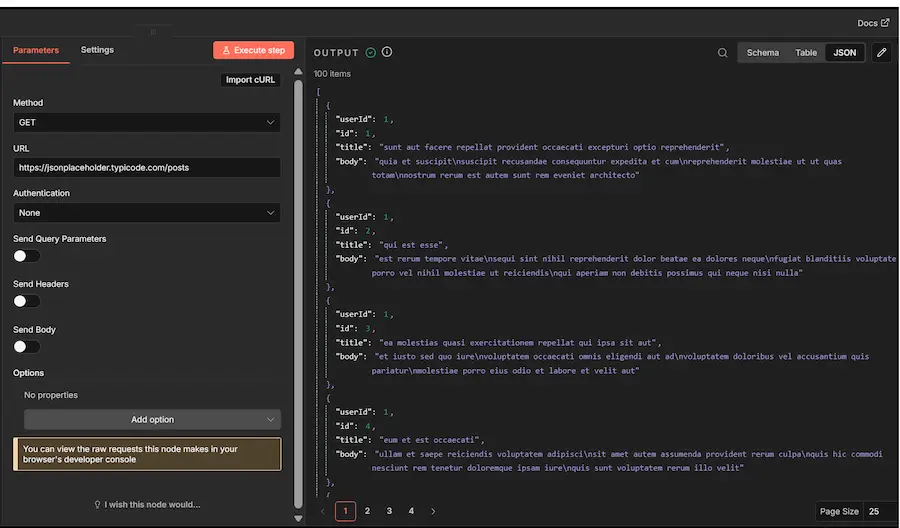 Canvas de n8n mostrando la ejecución paso a paso de un flujo de trabajo con datos visibles