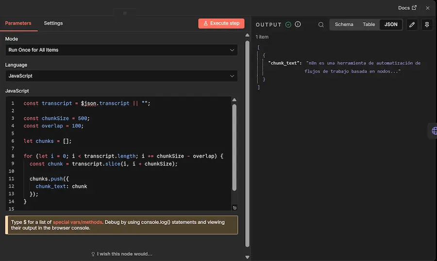 Nodo de código JavaScript en n8n permitiendo personalización avanzada de datos