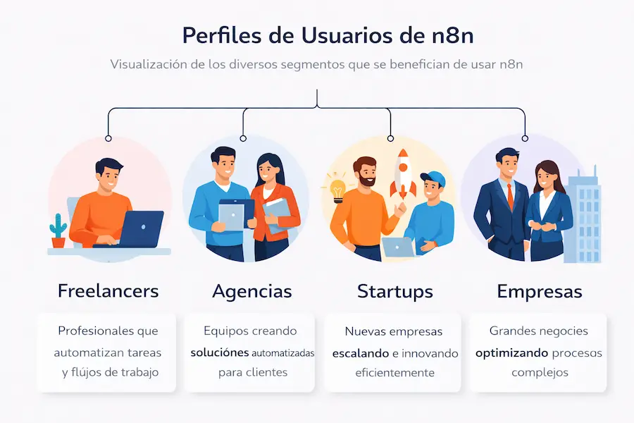 Diferentes perfiles profesionales que usan n8n para automatizar procesos