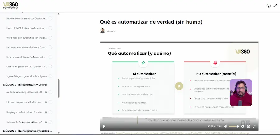 Plataforma de VA360 Academy mostrando el curso de n8n 2026 con sus módulos