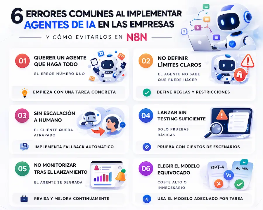 Lista de errores comunes al implementar agentes de IA en empresas y cómo evitarlos