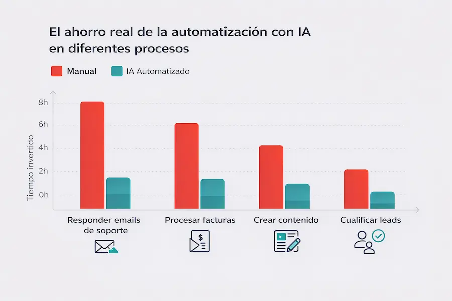 Gráfico mostrando el ahorro de tiempo y dinero con automatización e IA en diferentes procesos