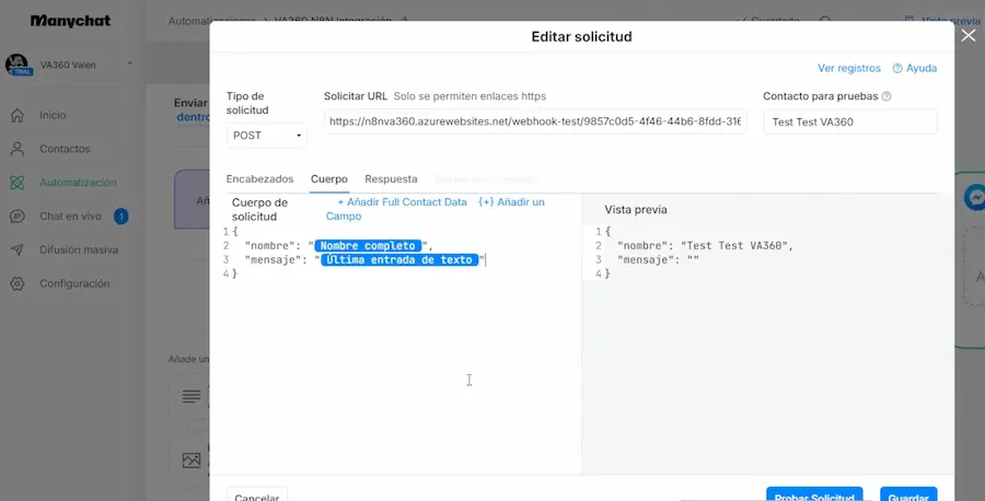 Configuración de ManyChat con contenido dinámico conectado a webhook de n8n