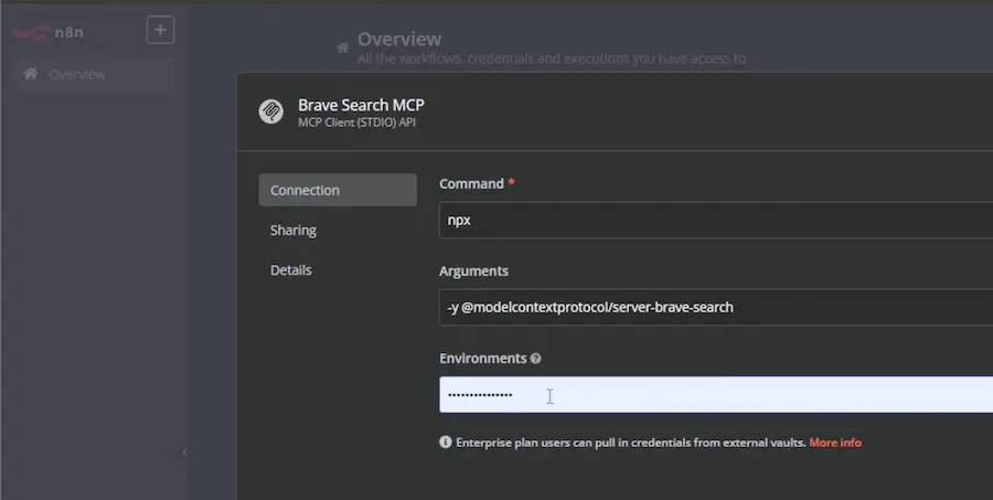 Configuración de credenciales MCP Client en n8n con comando y argumentos