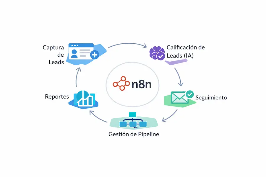 Diagrama circular de procesos de CRM automatizados con n8n: captura de leads, cualificación, seguimiento, pipeline e informes