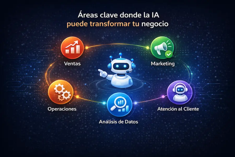 Diagrama mostrando las diferentes áreas de negocio con iconos de IA