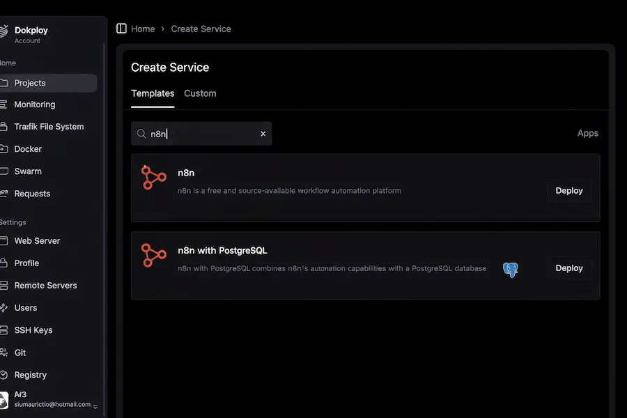 Templates disponibles en Dokploy para desplegar aplicaciones