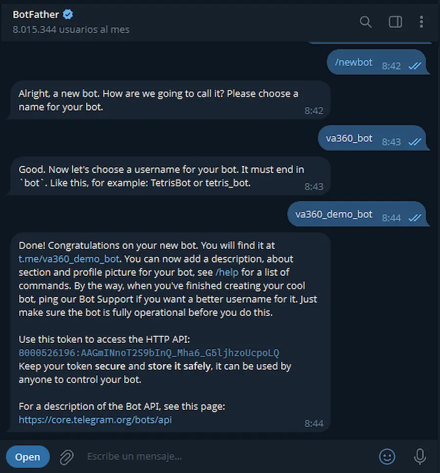 Creando un nuevo bot con BotFather en Telegram
