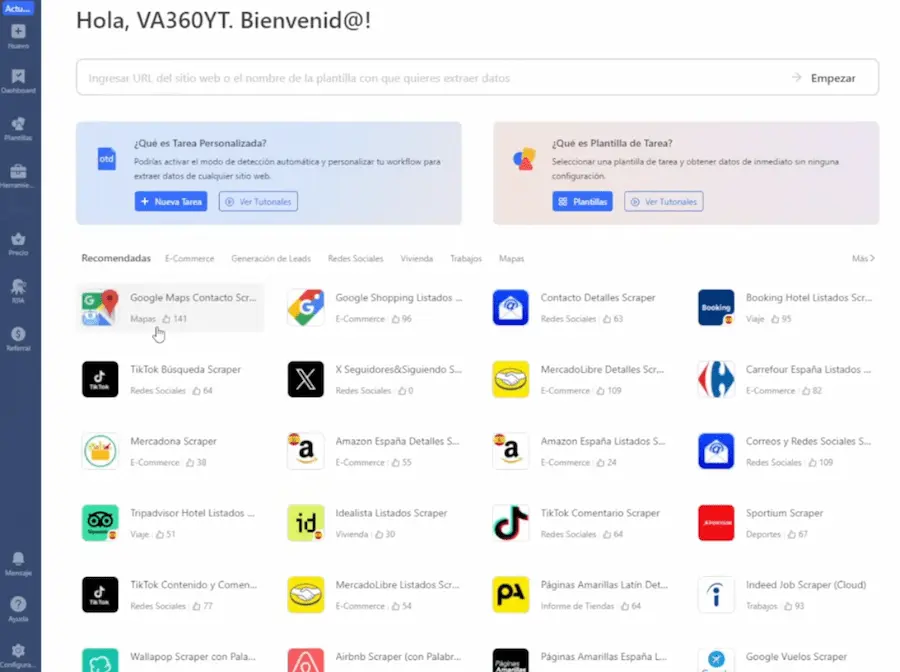 Plantillas predefinidas de Octoparse para Google Maps Amazon TikTok y más
