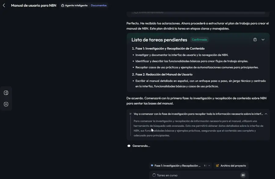 Interfaz de Skywork AI mostrando la lista de tareas en ejecución