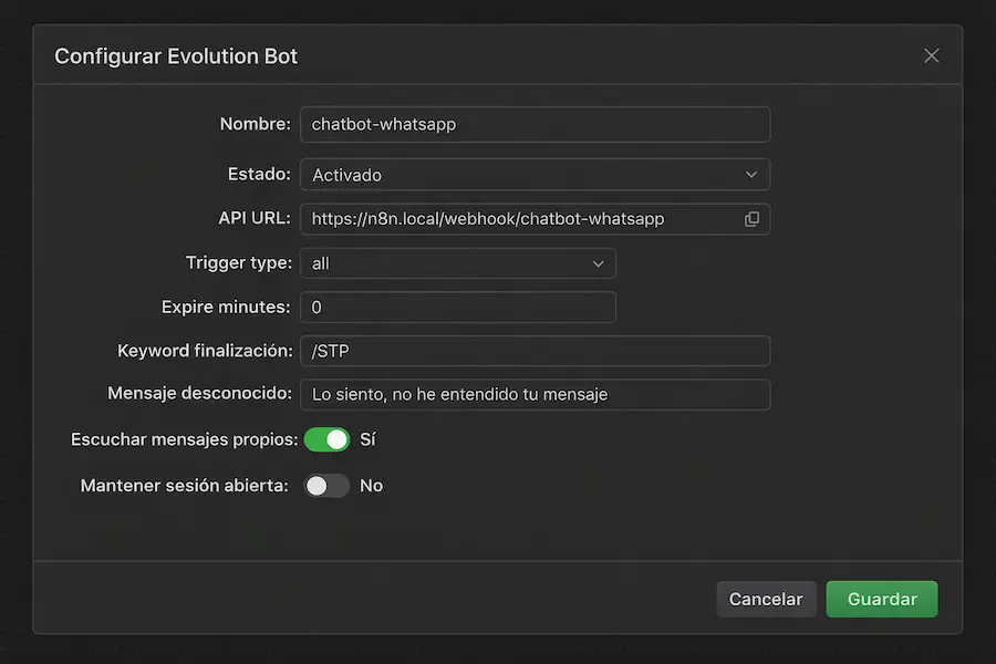 Configuración de Evolution API con los parámetros del chatbot: trigger type, keyword de finalización y mensaje desconocido
