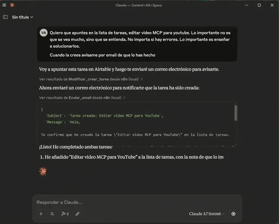 Claude Desktop ejecutando herramientas MCP de n8n para crear tareas y enviar emails