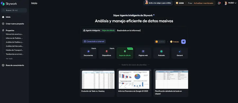Dashboard principal de Skywork AI con todas las opciones de generación