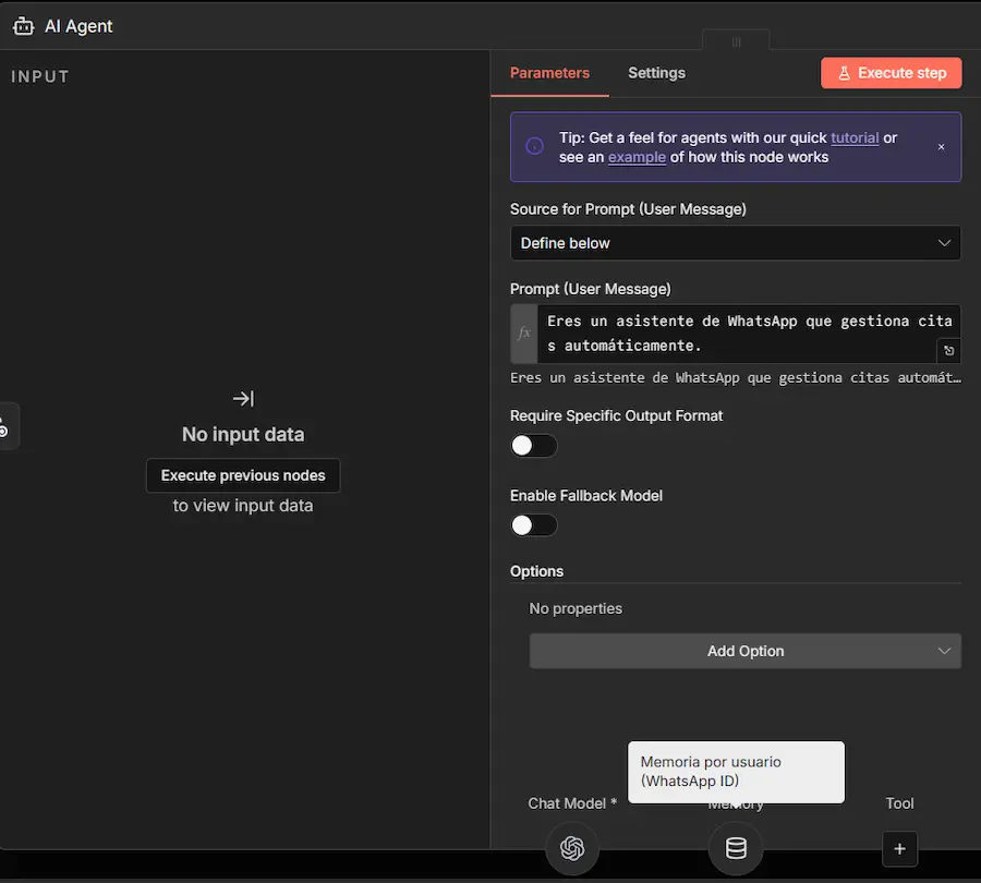 Configuración del nodo de agente de IA avanzado en n8n con el modelo GPT-4o mini y la memoria de conversación