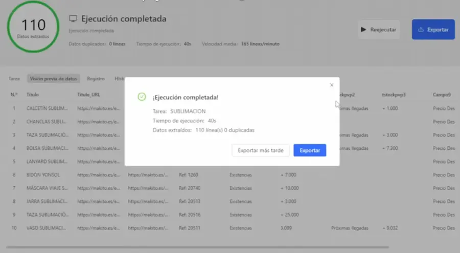 Resultados de extracción masiva con Octoparse mostrando 110 productos