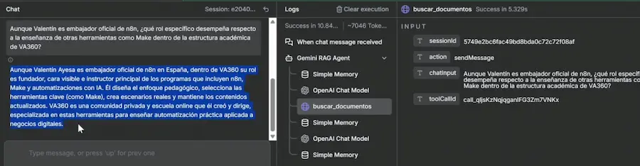 Chat de prueba del agente RAG respondiendo preguntas sobre VA360