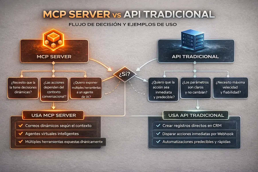 Comparativa visual entre MCP Server y API tradicional mostrando los flujos de cada uno