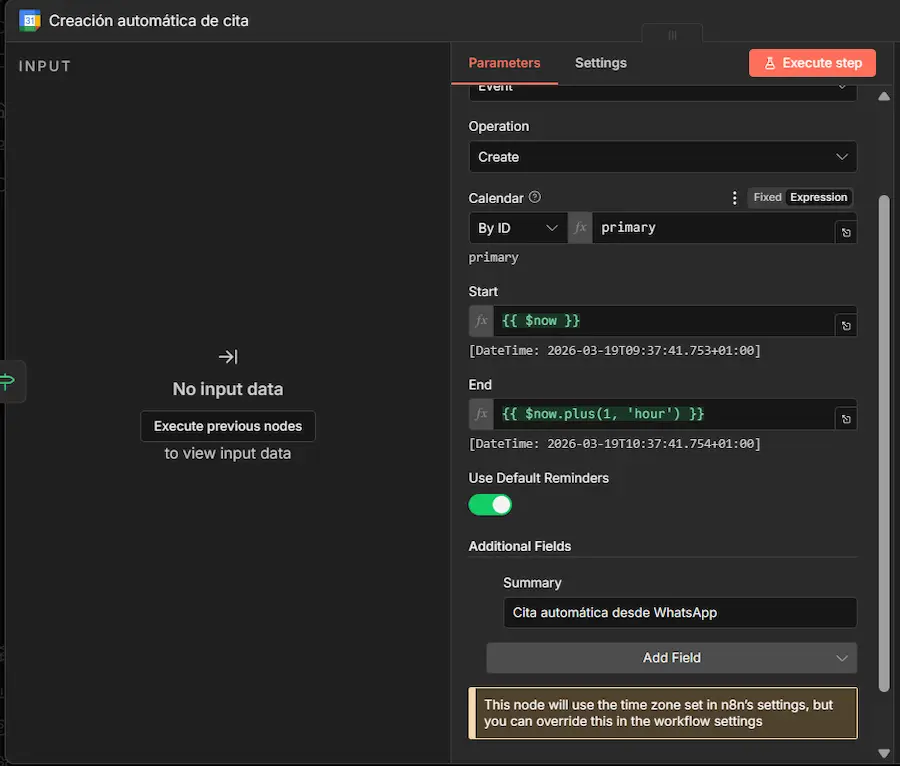 Configuración de las tools de Google Calendar en n8n para crear eventos y consultar disponibilidad