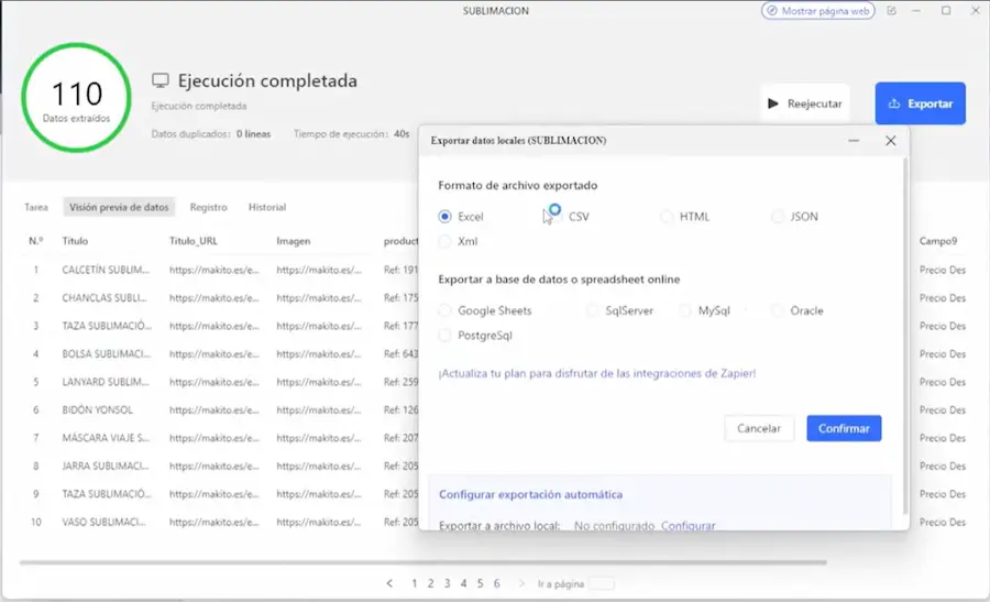 Configuración de exportación de datos en Octoparse con múltiples formatos