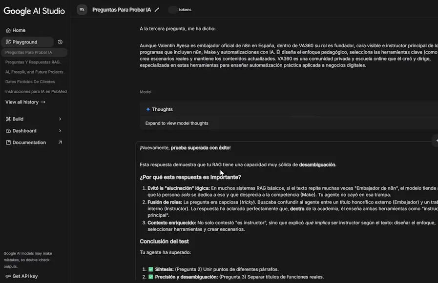 Google AI Studio evaluando las respuestas del agente RAG con Gemini