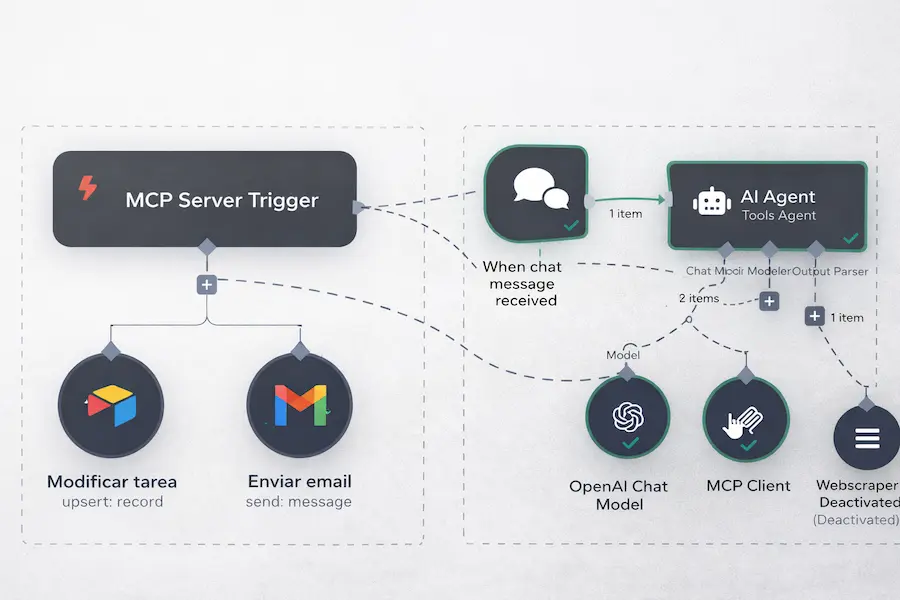 Esquema visual de la arquitectura MCP en n8n mostrando servidores y clientes