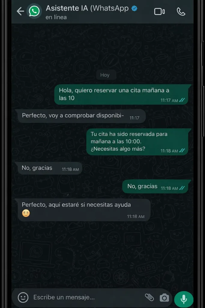 Prueba en directo del chatbot de WhatsApp mostrando una conversación donde se agenda una cita automáticamente